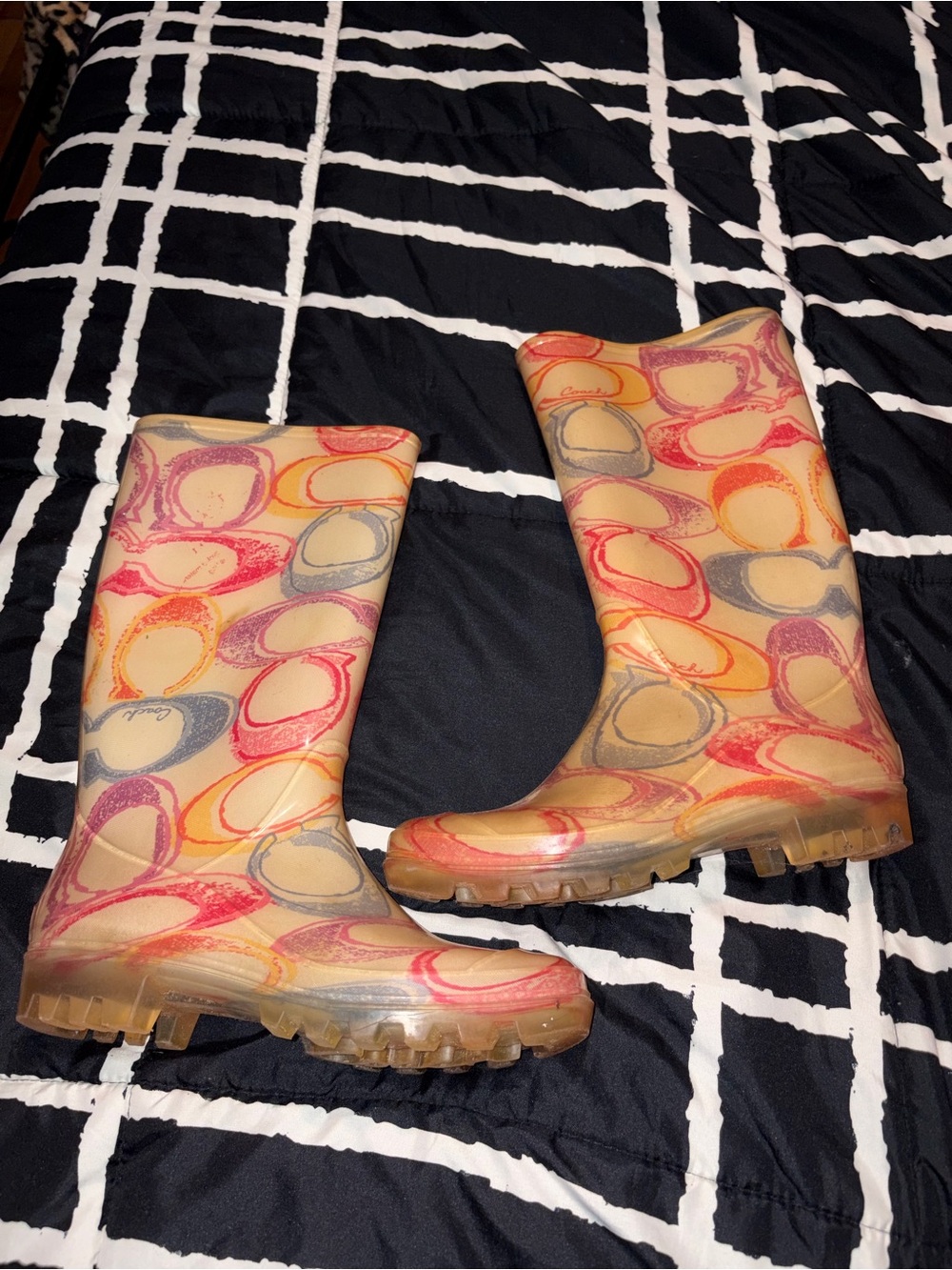 Vintage coach Poppy Rain Boots in Beige with Multicolor